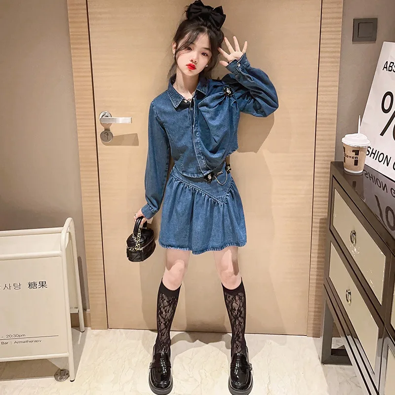 

3-13T Girls' Denim Coat Suit Fashion Denim Long-Sleeved Top+Pleated Skirt Two-Piece Set Of Teenage Girls' Clothing Trend