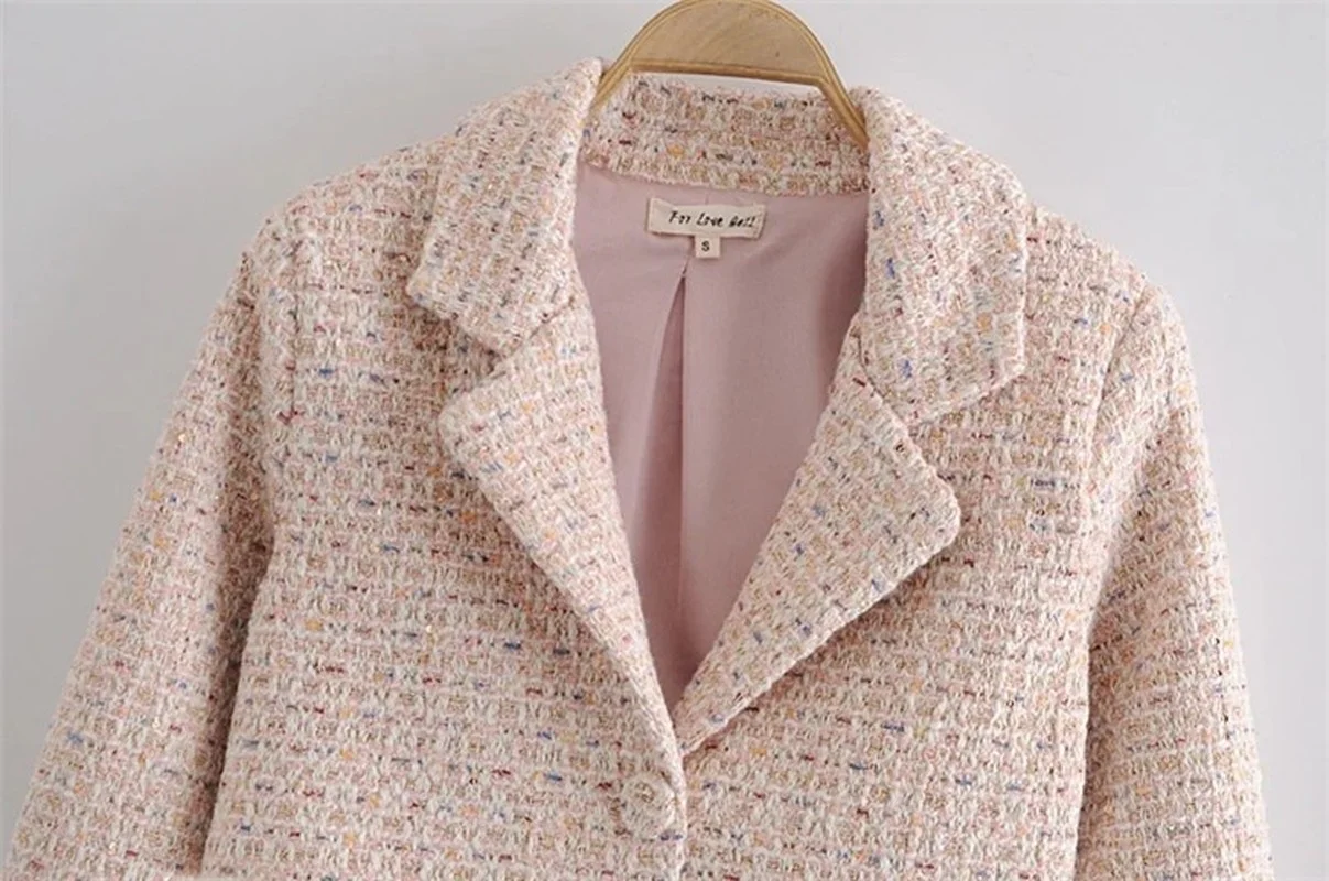 Pink Tweed Short Blazer 2023 Women Sweet Single Button Solid Colors Casual Office Blazer with Button Summer Work Commute Wear