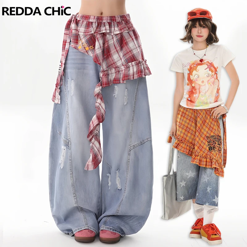 Фото REDDACHiC Y2k клетчатые накидки для джинсового платья с эластичной резинкой на талии и рюшами по подолу, многослойная мини-юбка с запахом, женские концертные праздничные наряды №1