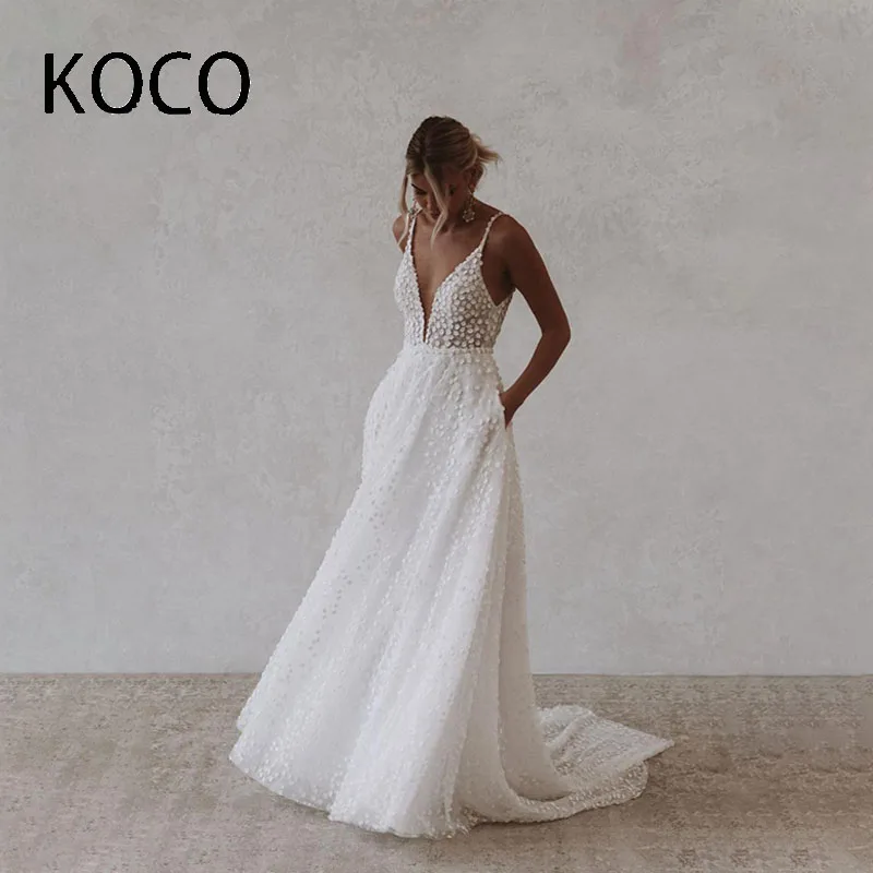 

MACDOUGAL Dots Vestidos De Novia Wedding Dress A-line V-neck Backless Spaghetti Strap Tea-length Appliques Bridal Gown For Women