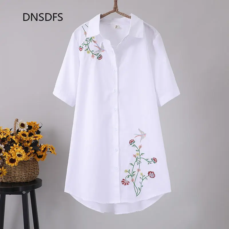 

Белая рубашка из чистого хлопка, летняя рубашка с коротким рукавом и цветочной вышивкой, Свободная Женская блузка оверсайз для отдыха, новы...