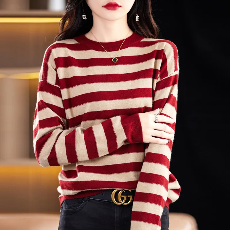 

2023 Autumn Winter Sweater Women O-Neck Wide Striped Jumper Pullover Knit Loose Lazy Long Sleeve Korean Style Oversized Sweaters