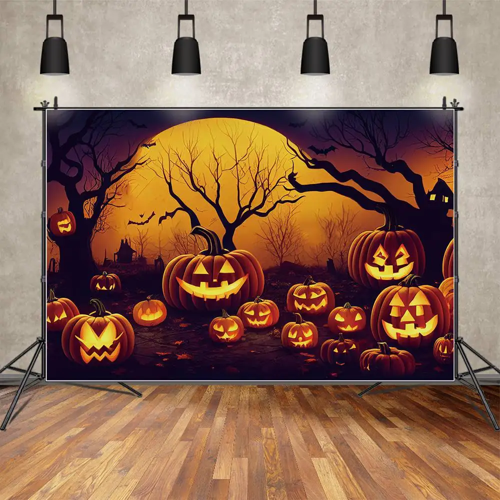 

Декорации MOON.QG для детской фотобудки, Декорации для Хэллоуина, с изображением золотой тыквы, фонаря, Луны, багажника, дерева, дома, летучей мыши