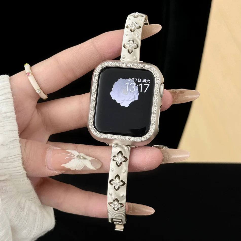 Полый металлический ремешок с цирконом для Apple iWatch Series 10 9 8 7 6 5 SE Ultra 2 Band 46 38 40 41 44 42 45