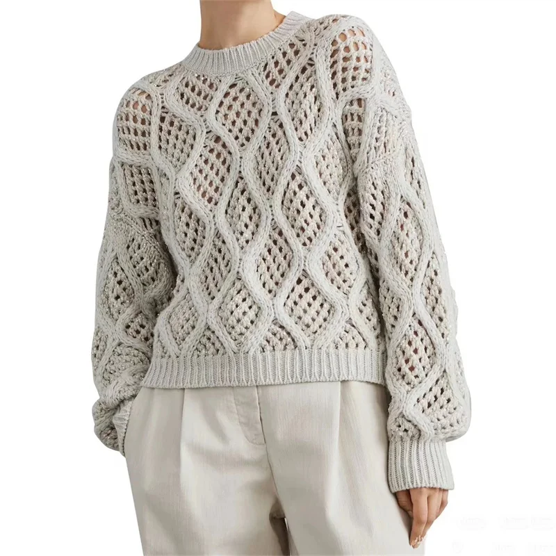 Женский свитер Новинка осени 2024 Модный Блестящий декоративный Топ с длинным