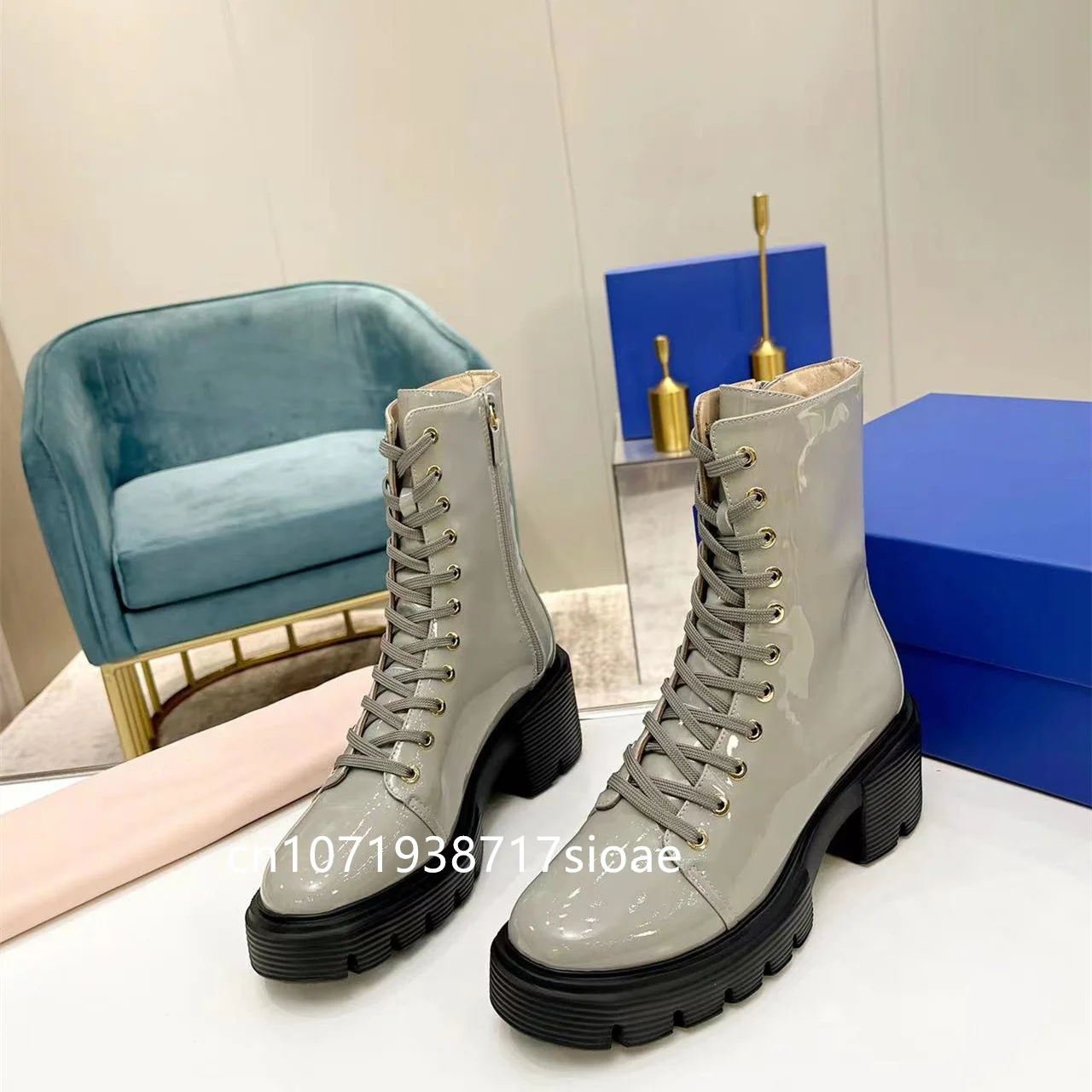 

Women's Short Boots Genuine Leather Lace-up High Heel Thick Sole Bright face High Quality Non Slip Sole Sexy Women
