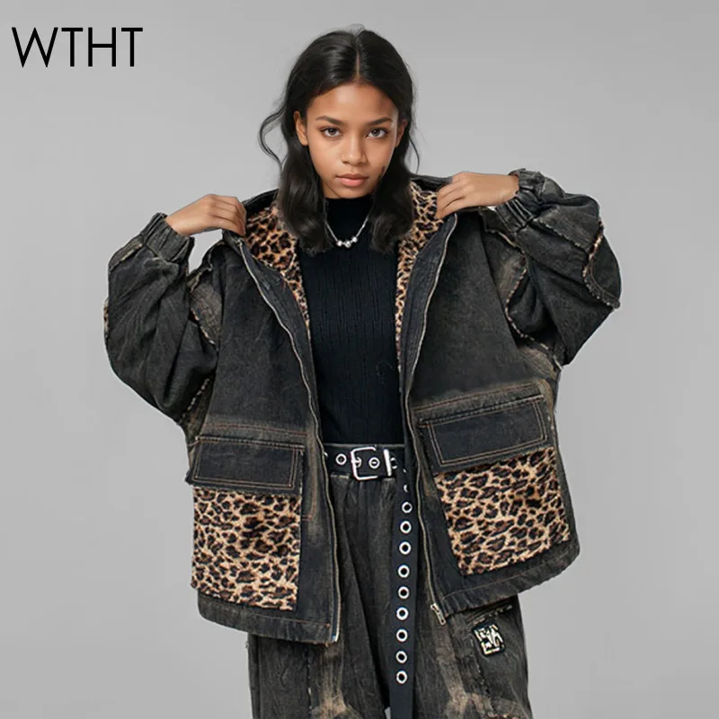 WTHT модное новое женское джинсовое хлопковое пальто с леопардовым принтом 2024