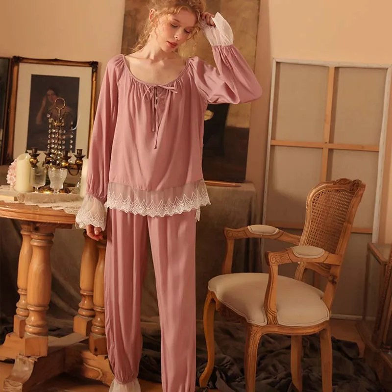 Roseheart Autumn Pink Women's Sleep Nightwear Pajama Sets Sleepwear Suits Luxury Nightgown 2 Pieces Lace Bow Homewear Classical