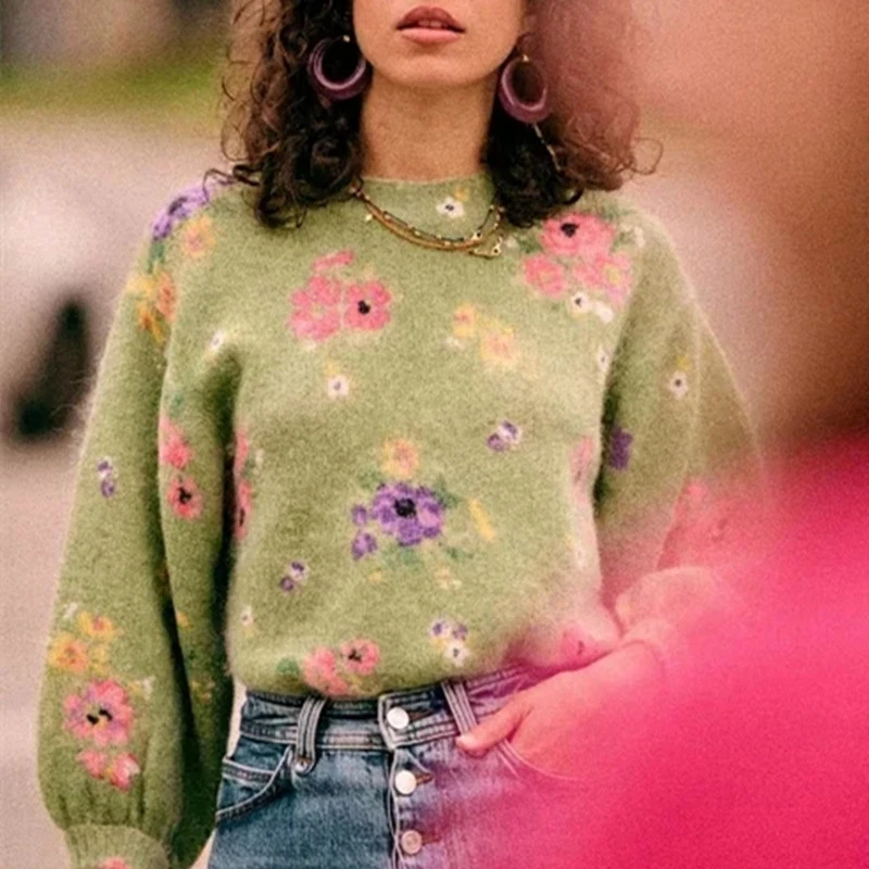 

Women Fresh Floral Print Sweater Round Neck Long Sleeve Ladies knit Jumper
