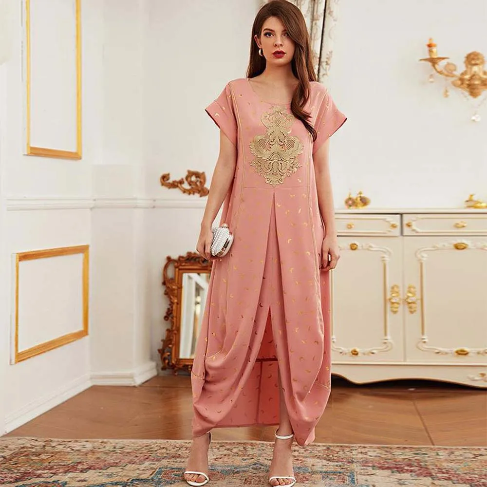 

Women Fashion Muslim Robe Middle East Commuter Ethnic Style Summer Chiffon Elegant Dress Women Short Sleeve 2022 Kaftan Dubai