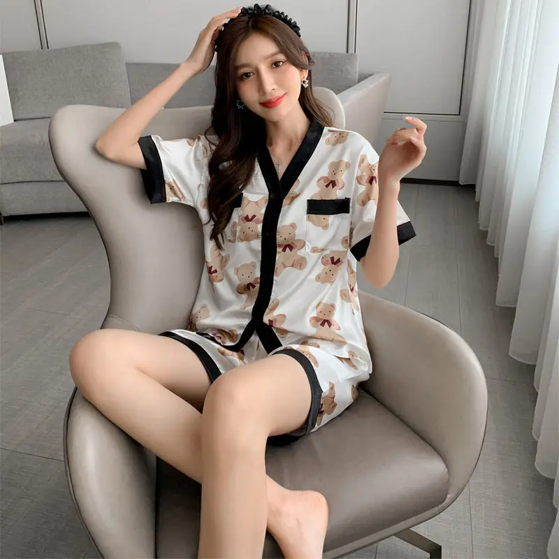 Summer Ice Silk Pajamas Women's Thin Short Sleeve Suit New Sexy Artificial Silk Classic Style Homewear Can Be Worn outside