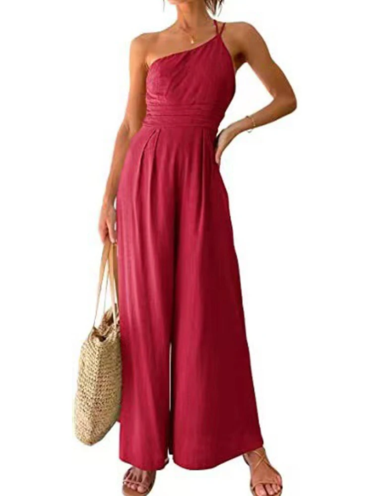 

Женские однотонные комбинезоны, праздничные Комбинезоны для отдыха, летние пикантные комбинезоны с косым плечом и высокой талией