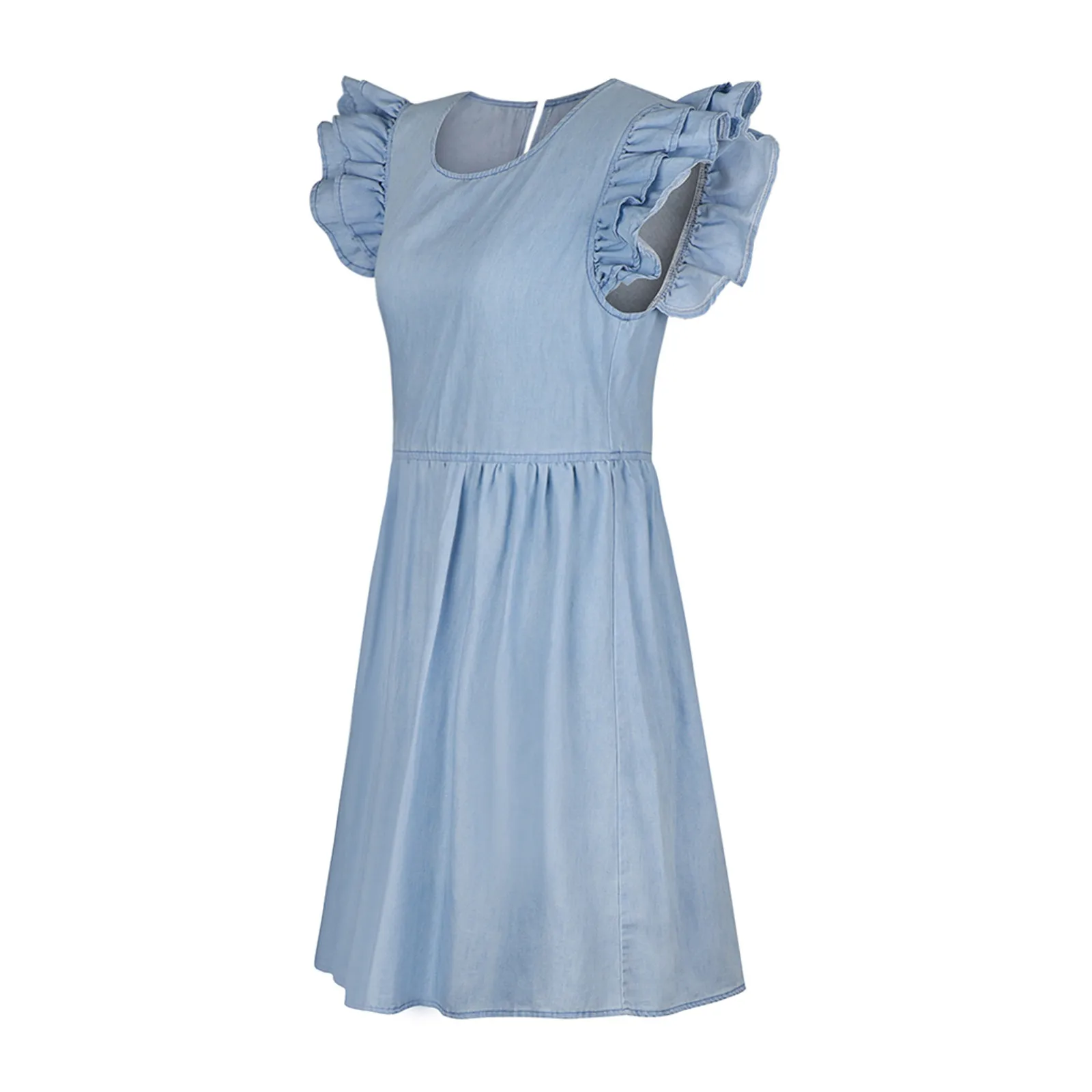 Женское летнее джинсовое платье однотонное повседневное свободное с круглым