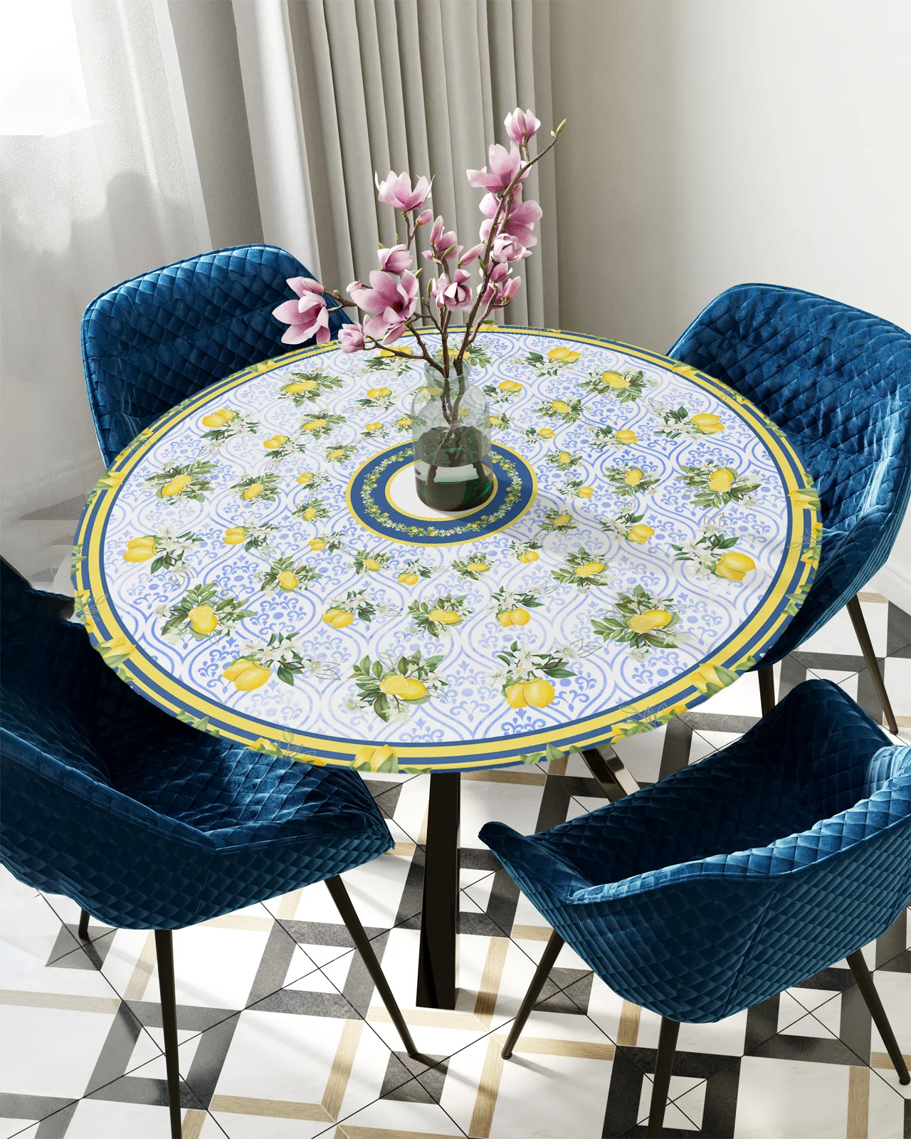 

Watercolor Lemon Round Table Cover Kitchen Waterproof Tablecloth Christmas Table Decor Elastic Tablecloth