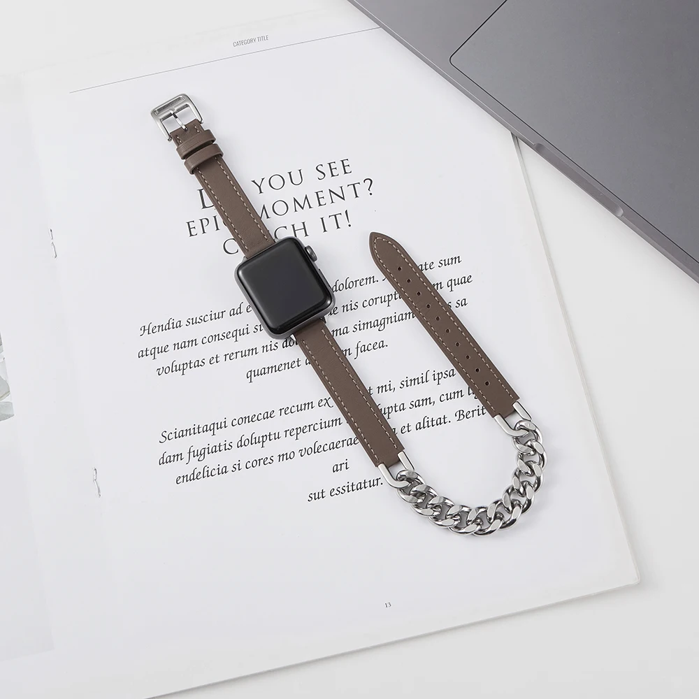 Genuine Leather Strap for Apple Watch Band Series 8 Stainless steel leather bracelet Leather Gourmette Metal Double Tour Strap