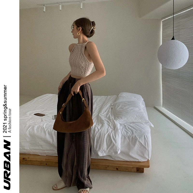 

Women's Two Piece Sets Vintage Khaki Halter Kintting Sexy Backless Tank Tops and Wide Leg Pants Suits Summer Casual Outfits