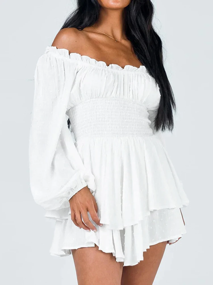 

Мини-платье женское летнее с длинным рукавом, пикантное однотонное короткое платье с воротником-лодочкой, эластичные ассиметричные платья с оборками, женское платье