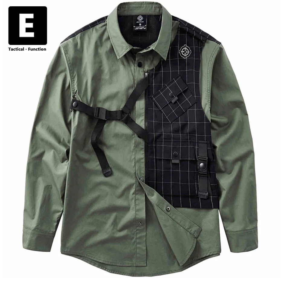 Green Cargo Shirt Men Spring Autumn Long Sleeve Shirts Military Shirt Hip Hop Streetwear Techwear Detachable Patchwork Design