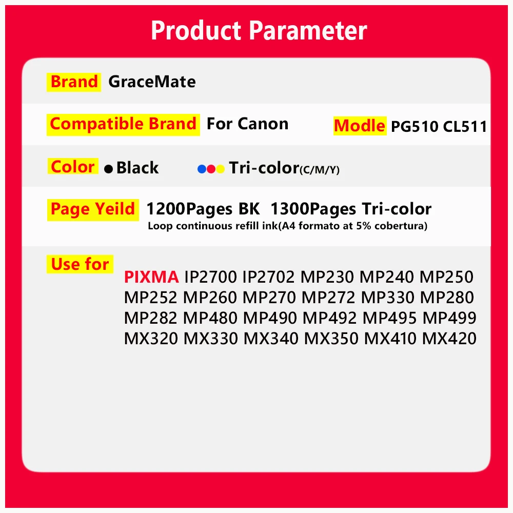 Чернильный картридж GraceMate pg510 cl511 замена для Canon Pixma MP240 MP250 MP260 MP270 MP280 MP480 MP490 IP2700 |