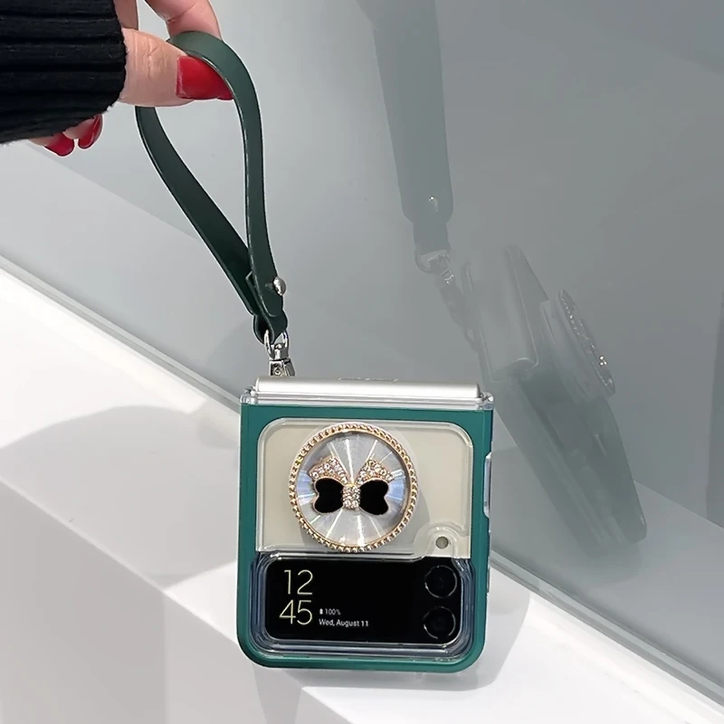 Cheap Coque de téléphone portable à nœud papillon vert, jolie fille, avec breloque en corde, pour Samsung Galaxy Zflip3, coque transparente pour Galaxy F7110