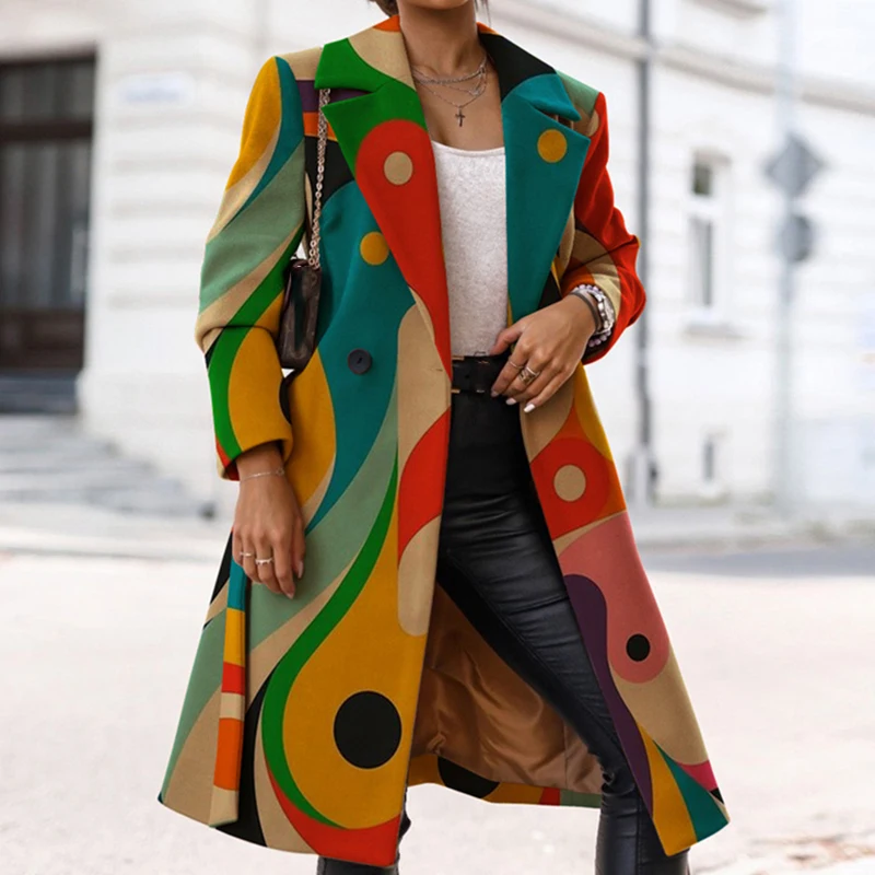 

Женское однобортное шерстяное пальто, утепленное пальто с отложным воротником и длинным рукавом, с винтажным принтом, Осень-зима