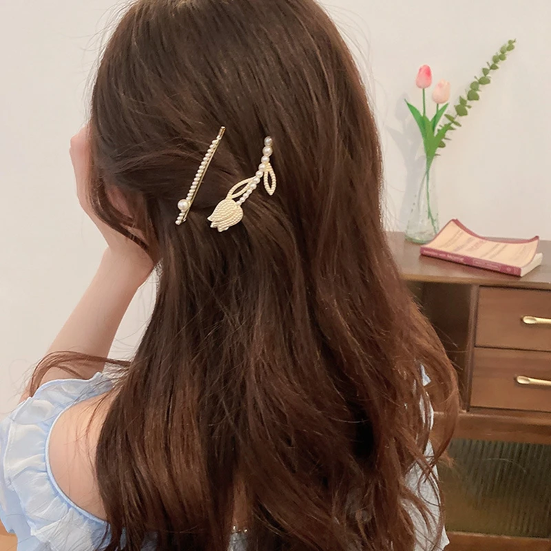 

2pcs Pearl Tulip Flower Hairpins Elegant Side Hair Clips Barrettes Korea Fashion Bridal Headwear Hairgrips Girl Hair Accessories