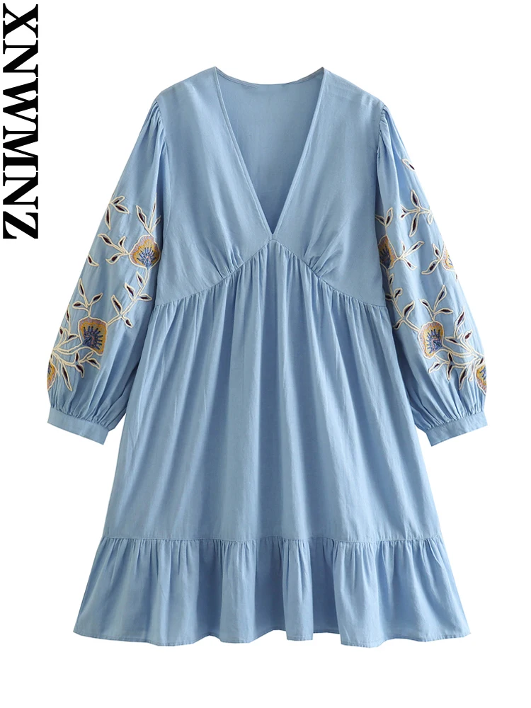 

XNWMNZ 2023 Women Fashion Embroidery Linen Blend Dress Woman Vacation V-neck Puff Sleeps Ruffled Hem Female Mini Dresses