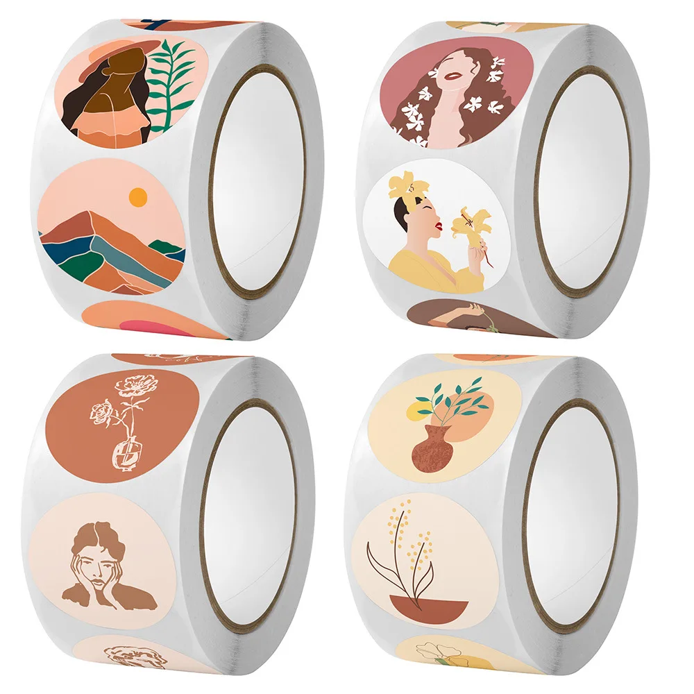 

100-500pcs/roll 1inch Retro Girl Flowers Sticker for Small Business Package Thank You Sticker Gift Decor Scrapbooking Stickers