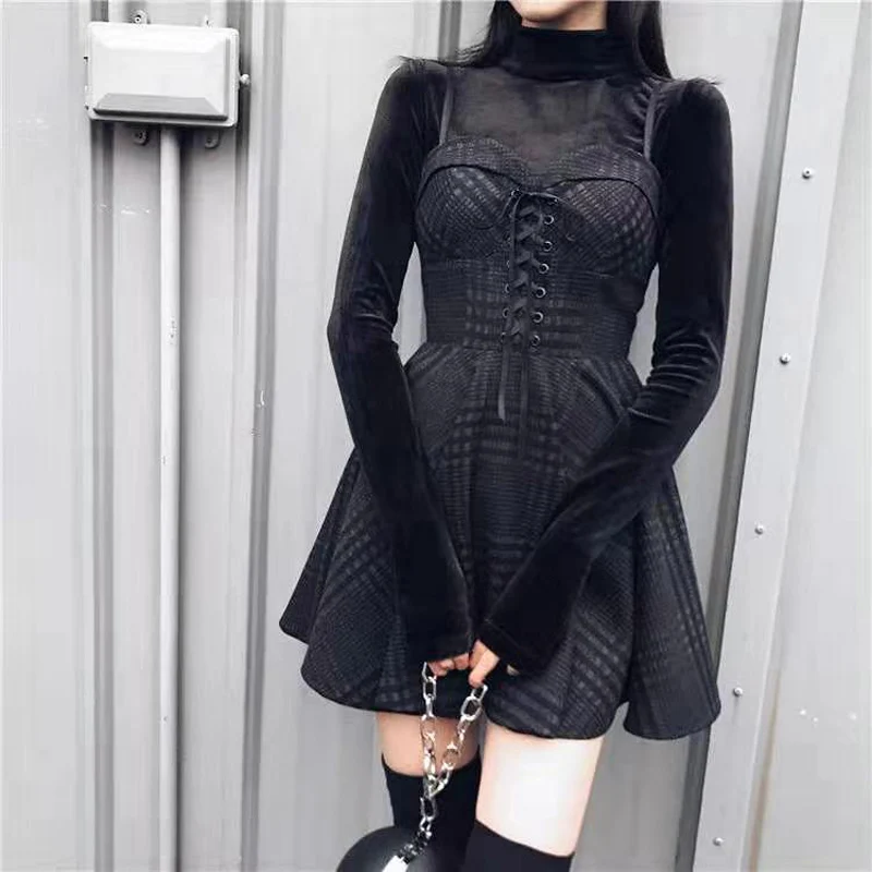 

Emo Women Plaid Pleated Mini Dress Gothic Harajuku Sexy Sling Strap Backless Rock Punk Jurken Goth Girls Female Short Vestidos