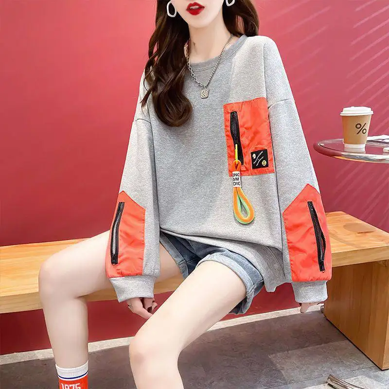 

Round collar stitching pasted fabric hoodie women 2022 Spring autumn new Korean fashion loose design sense top zip up hoodie