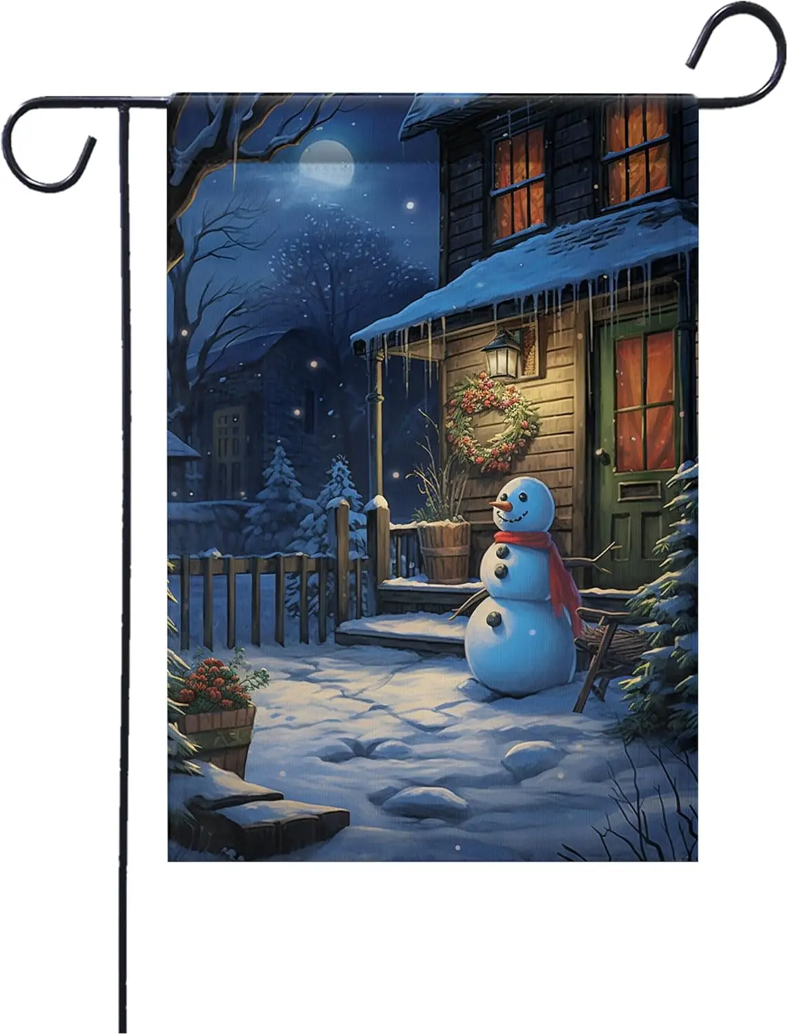 Снеговик надевает вне дома ночью рождественский фон флаг приветствия и двора