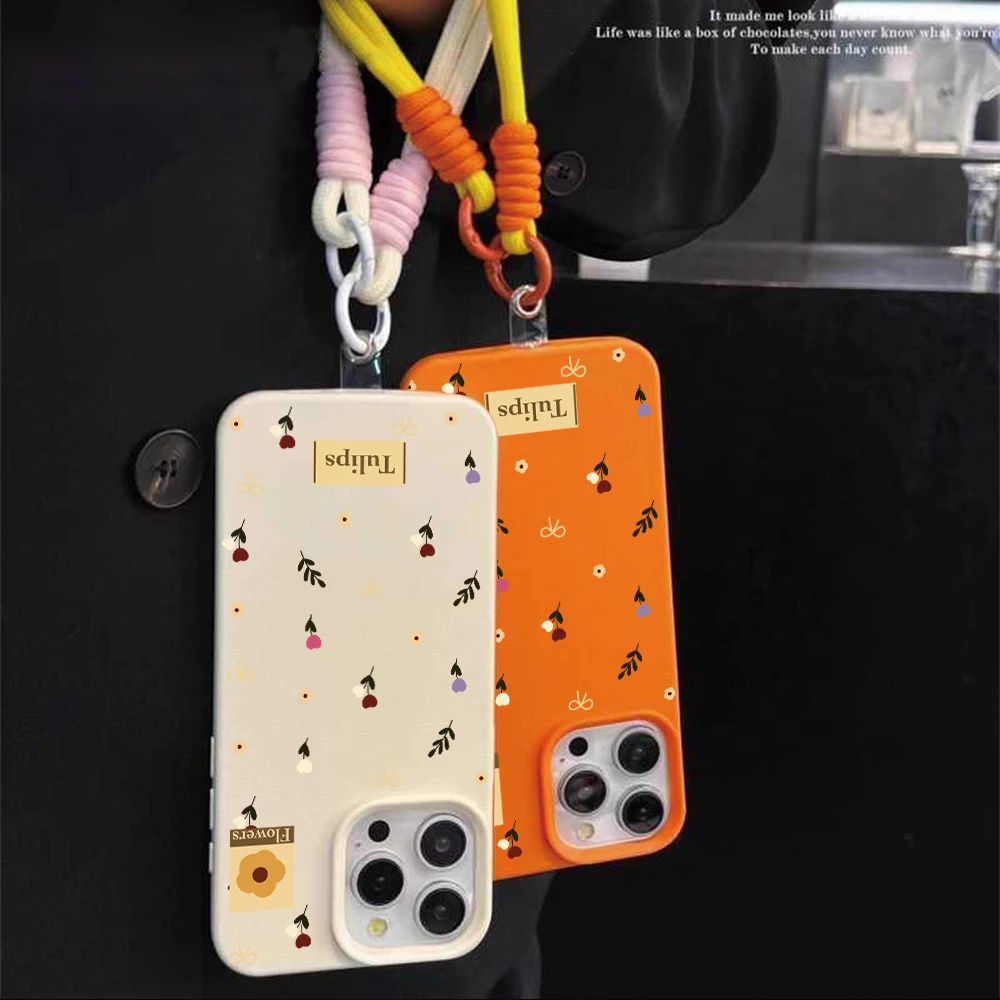 Фото Чехол для телефона с ремешком-бантом и тюльпановым узором для iPhone 17, 16, 15, 14, 13, 12, 11 Pro Max, 16, 15, 14 Plus, 17, 16, 15, 14 Pro, 17 Air, силиконовый матовый чехол №3
