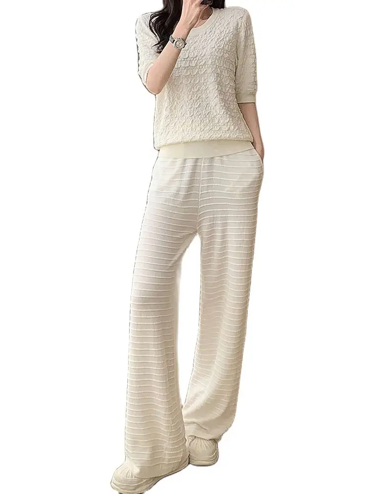 

High-Quality Knitting Two-Piece Round Neck Pullover Short Sleeve Sweater+Wide Leg Pants Set 2023 New Fashion Women'S Clothing