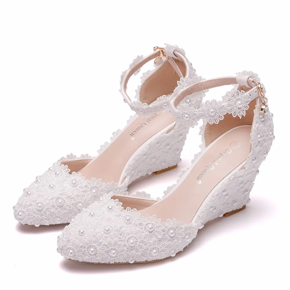 

Crystal Queen Wedges Heel Woman Wedding Shoes Bride White Lace UP Sweet Bridesmaid Bridal Pumps Platform