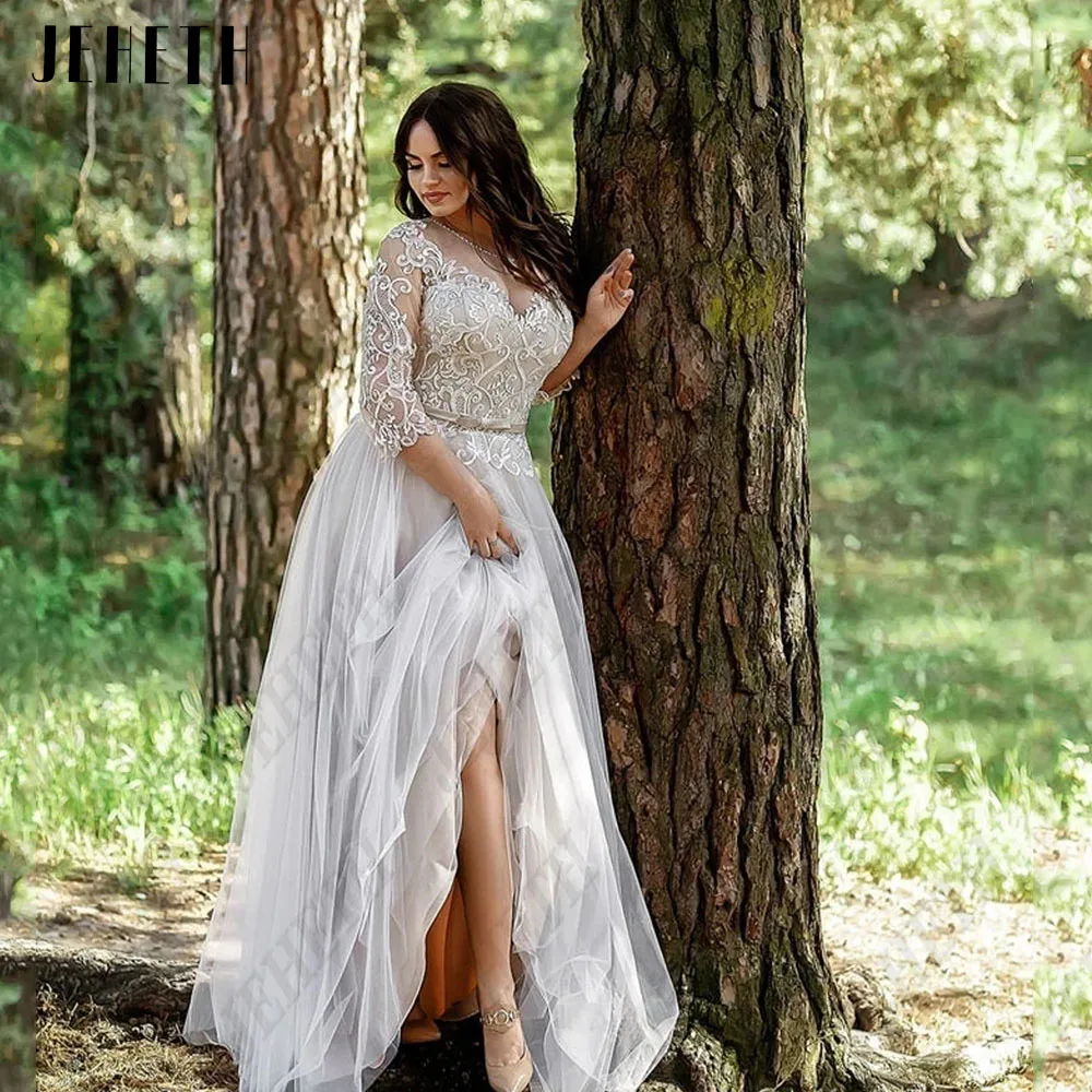 

JEHETH Classic Wedding Dresses Plus Size O-Neck 3/4 Sleeves Lace Up Back Bride Gowns Tulle A-Line Applique vestidos de novia