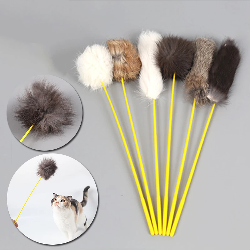 

Faux Rabbit Fur Tease Cat Stick Plush Pompom Pet Interactive Stick Training Toys Pet Supplies Cat Playing Toys Random