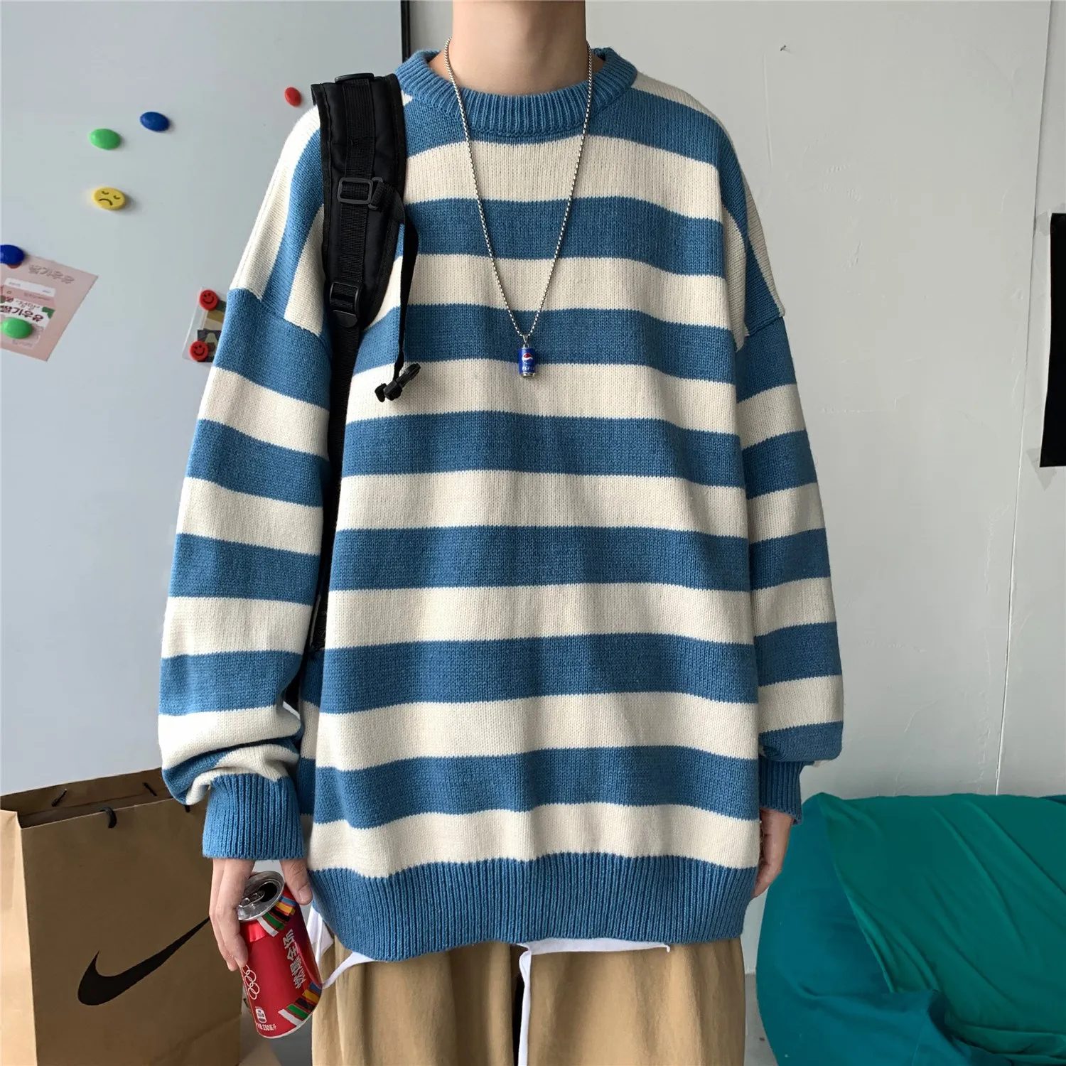 

Fashion Pullover Red And Black Stripe Knitted Sweater Men Womens Autumn Winter Round Neck Casual Trend Oversized Sweater