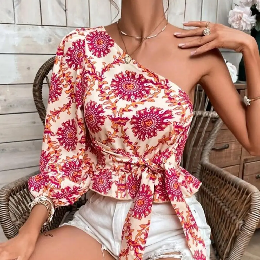 

Lantern Sleeve Waist Bandage Ruffle Hem Summer Blouse Retro Print One Shoulder Women Top Stylish Lace-up Pullover Top For Work