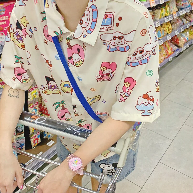 

Рубашка женская Свободная универсальная с коротким рукавом и принтом «Hello Kitty»