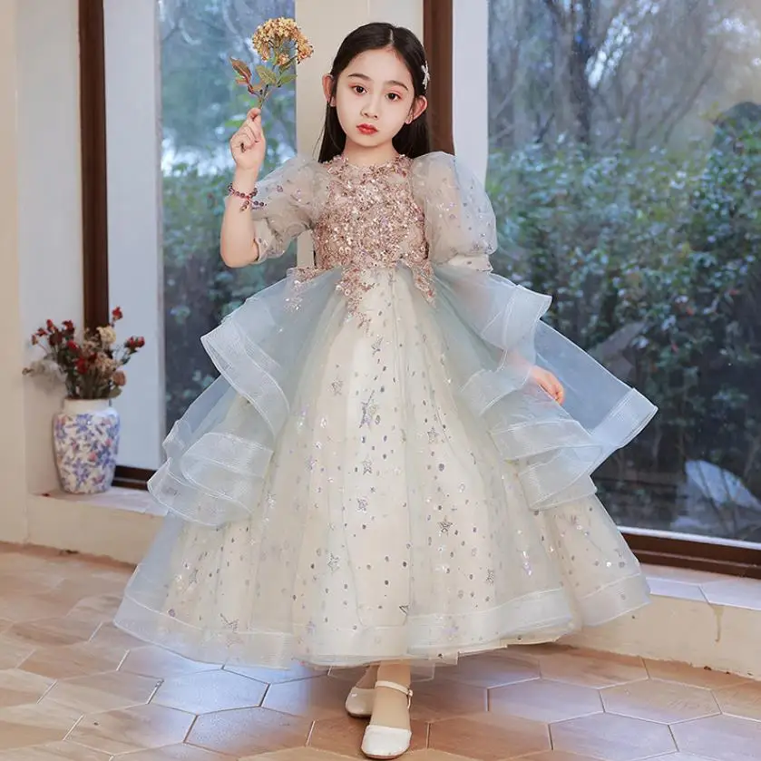 Children Wedding Bridemaid Flower Girl Dresses Kids Princess Prom Gown Teenage Performance Boutique Sequines Clothes L1649