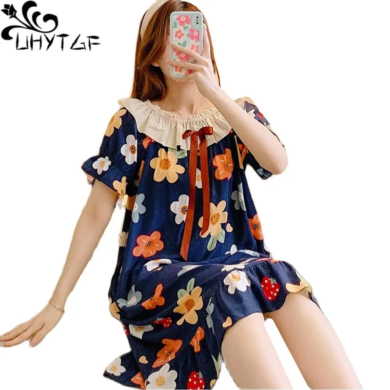 

UHYTGF Nightdress Women Summer Pajama Female Short-Sleeved Print Cotton Silk Thin Home Clothes Girl Student Dress Sleepwear 2496