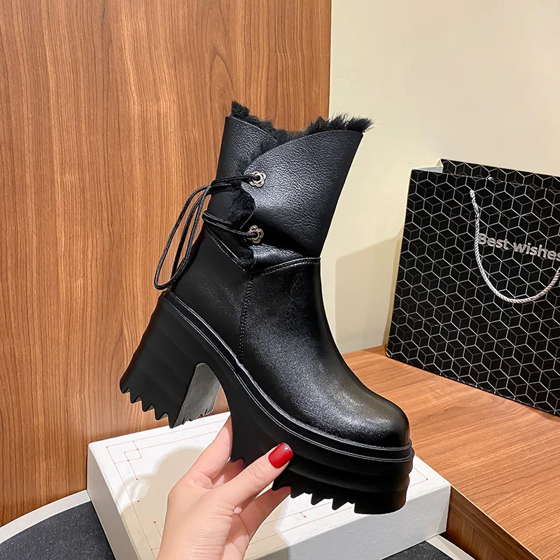 

Fashion Short Boots Women New High Quality Real Leather Round Head Thick Sole Wool Warm Boots Winter Snow Boots