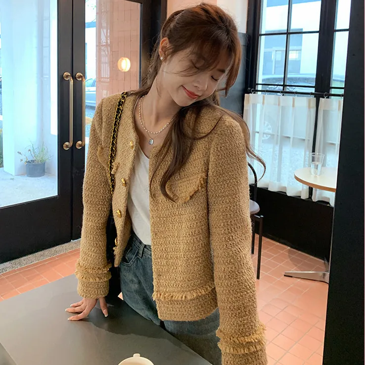 

Korean Tweed Vintage Short Coat 2023 New Autumn Winter Jacket Elegant Outwear Casual Long Sleeve Single Breast Solid Coats A24