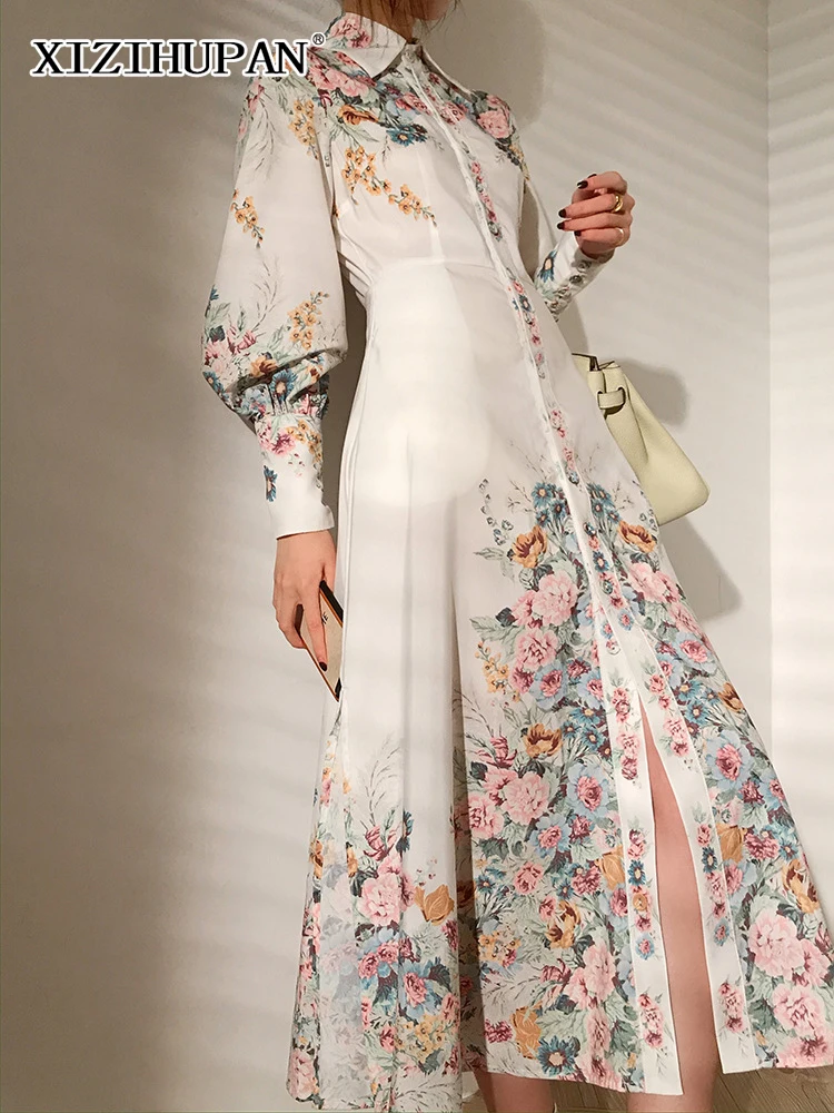 

XIZIHUPAN Elegant Print Floral Loose Dress For Women Lapel Collar Long Sleeve High Waist Colorblock Dresses Female 2022 Clothing