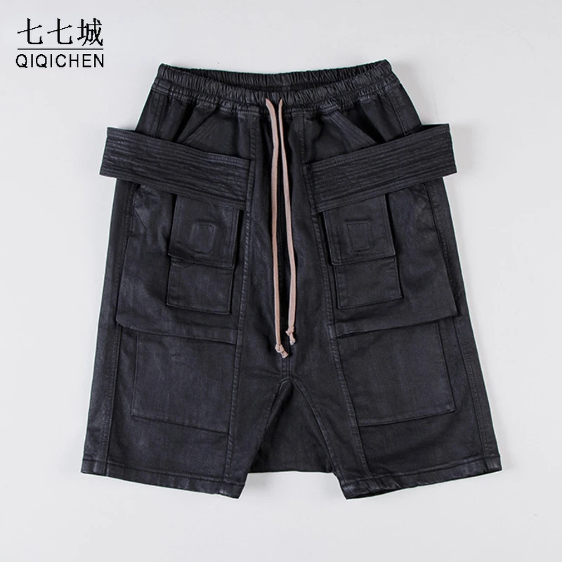 Men's Double-loop Design Cotton Sports Shorts Coated Wax Layer Elastic Waist Washed Drawstring Retro Black Denim Shorts Male