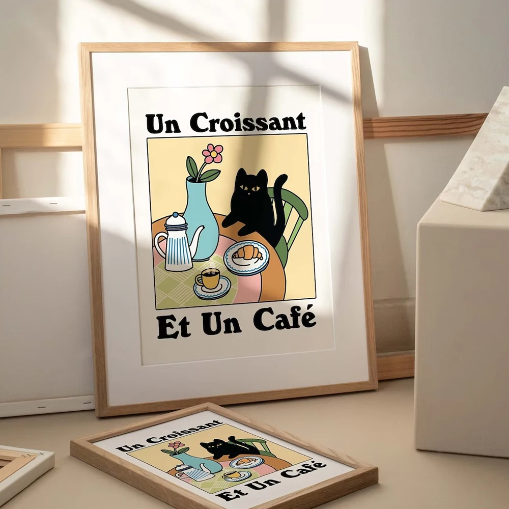 Ретро напиток французское кафе круассан кошка бистро кофе настенные