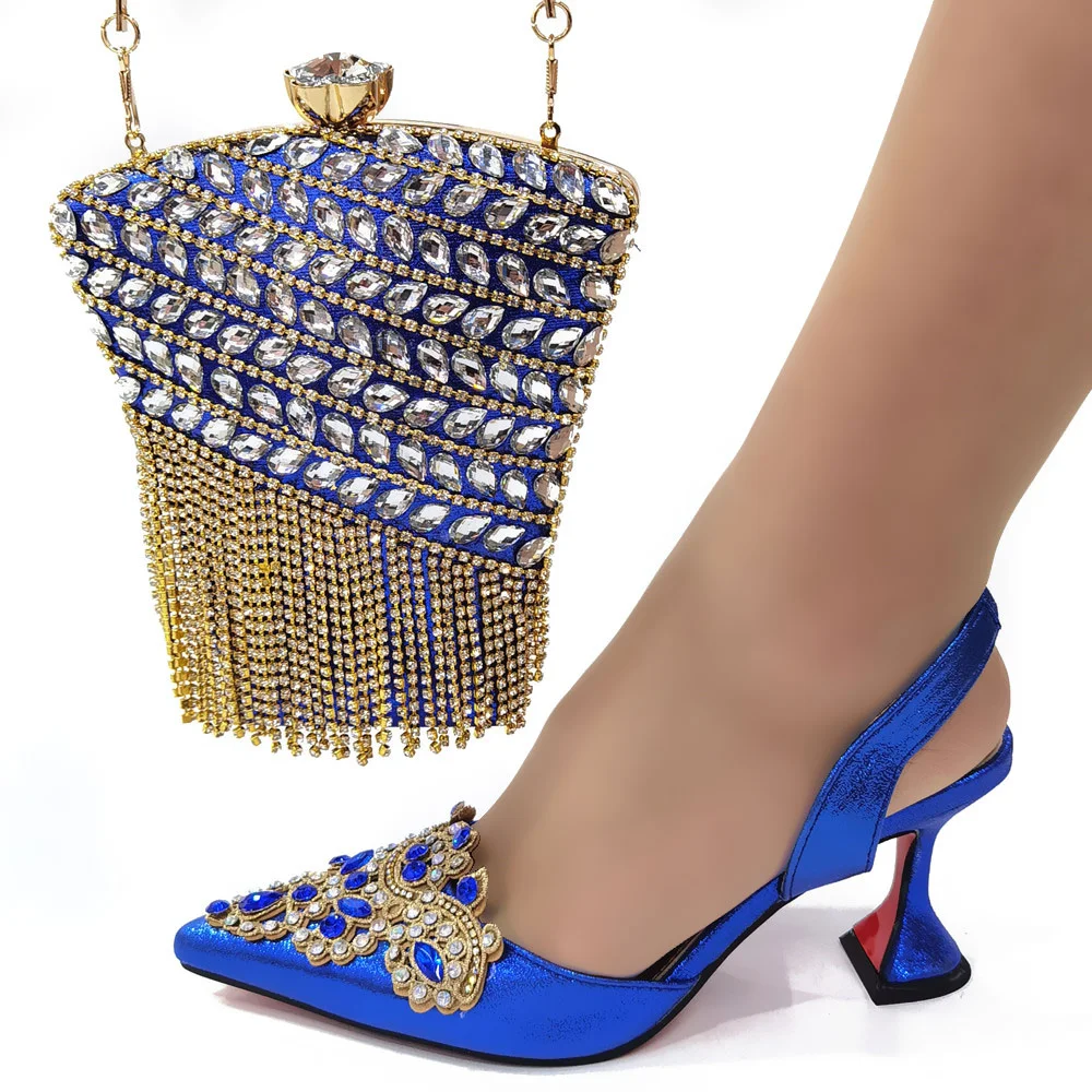 Hot Selling 2023 Summer Italian Design Fashion Flower Style Elegant Party Wedding Ladies Shoes and Bag Set in Royal Blue Color