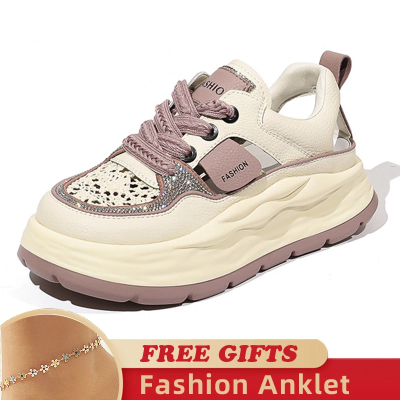 5cm Lace Rhinestone Decor Genuine Leather Slides Hollow Ladies Summer Breathable Ankle Boots Women Platform Sandals Wedge Shoes