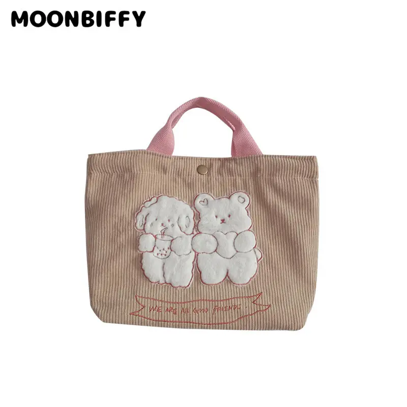 

Handbags Retro Corduroy Female Small Tote Shoulder Bag Student Girls Lunch Bento Bag Cute Plush Bear Embroidery Women Hand Carry