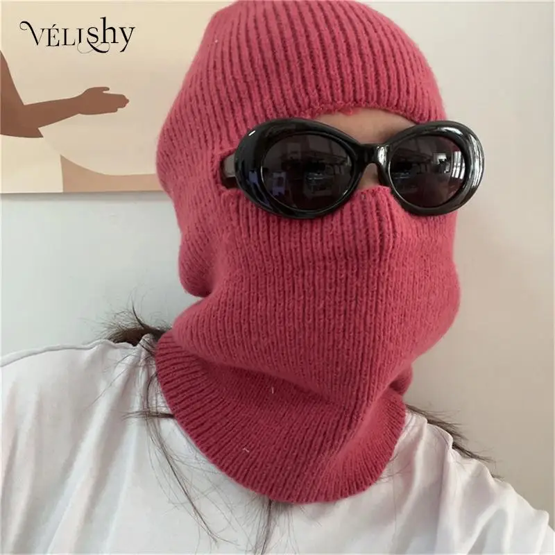

Women Winter Knitting Ribbed Warm Hat Scarf Solid Color Knitted Full Face Ladies Cap Fashion New Unisex Funny Beanies Hats